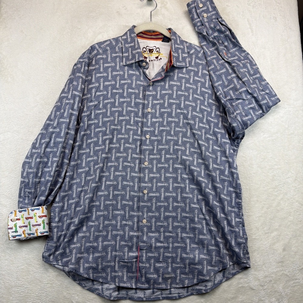 Robert Graham Button Up Shirt Men's L Blue Car Print Novelty Flip Cuff Stretch - Picture 3 of 10